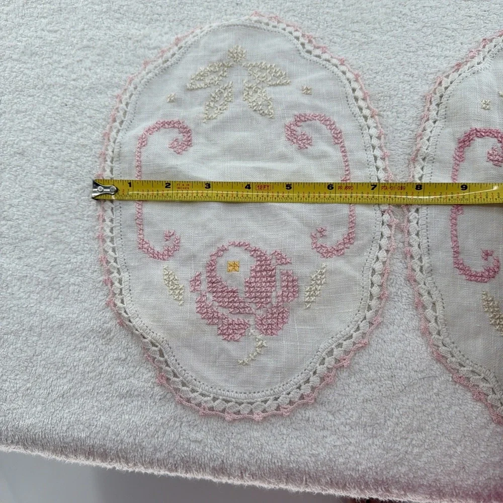 Collectible Handmade Embroidered Doily Set 2 Pink White Crochet Trim 10
